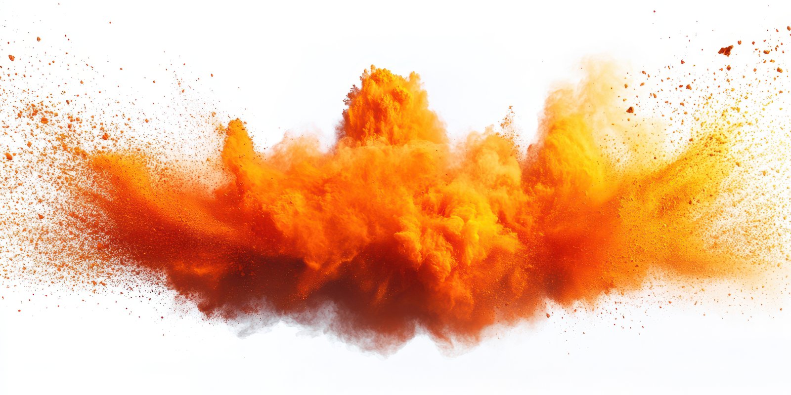 Vibrant orange powder explosion creates a dynamic and colorful visual display against a white background